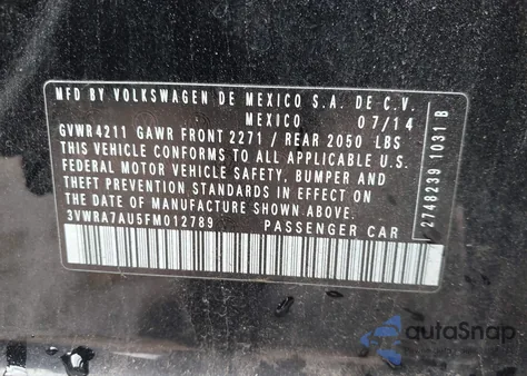 2015 Volkswagen Golf Tdi S 4-Door z USA, uszkodzony, nr VIN 3VWRA7AU5FM012789